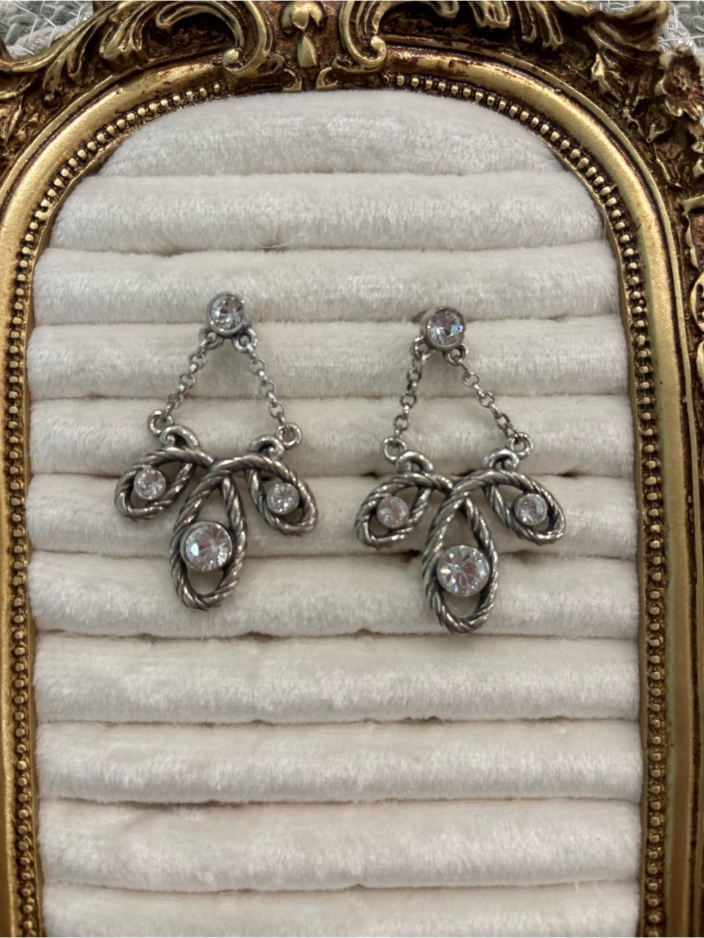 Twisted Rope Drop Earrings with Clear Stones - Silver Tone